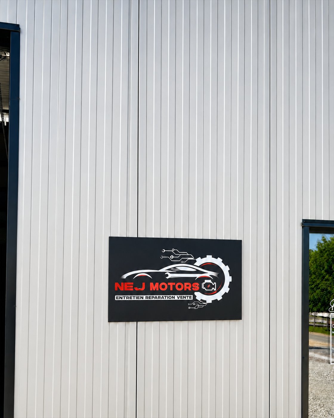 L'enseigne NEJ Motors sur la façade